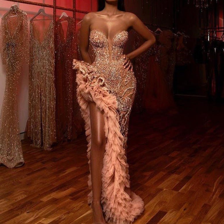 Ruffles High Slit Sweetheart Arabic Evening Dress Occasion Gown - LiveTrendsX