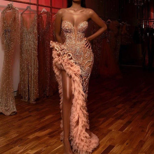 Ruffles High Slit Sweetheart Arabic Evening Dress Occasion Gown - LiveTrendsX