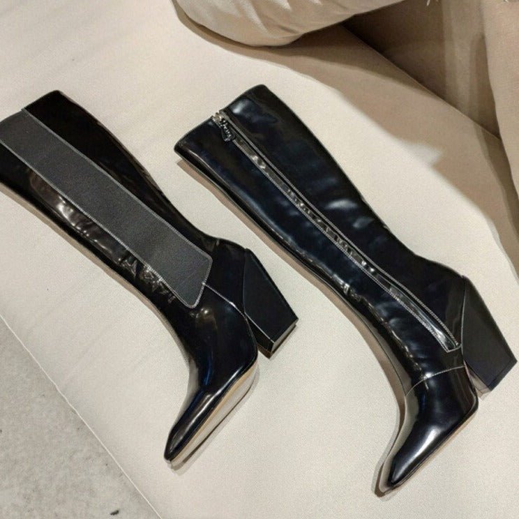 Runway Women Leather Pointed Toe Chunky High Heels Boots - LiveTrendsX