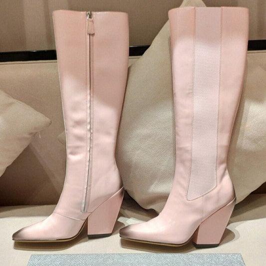 Runway Women Leather Pointed Toe Chunky High Heels Boots - LiveTrendsX