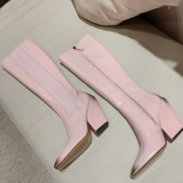 Runway Women Leather Pointed Toe Chunky High Heels Boots - LiveTrendsX