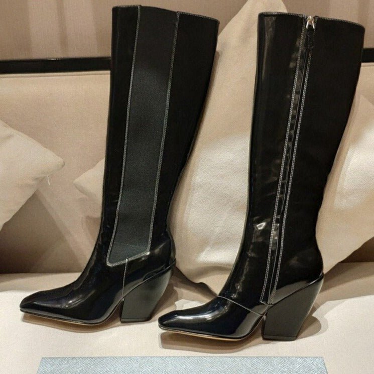 Runway Women Leather Pointed Toe Chunky High Heels Boots - LiveTrendsX