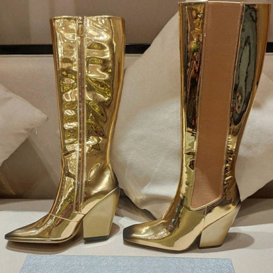 Runway Women Leather Pointed Toe Chunky High Heels Boots - LiveTrendsX