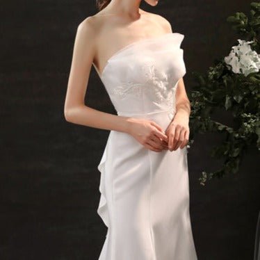 Satin hand - beaded white wedding dress with waist - LiveTrendsX