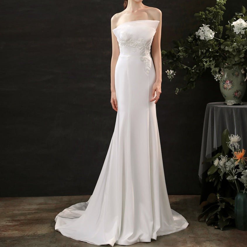 Satin hand - beaded white wedding dress with waist - LiveTrendsX