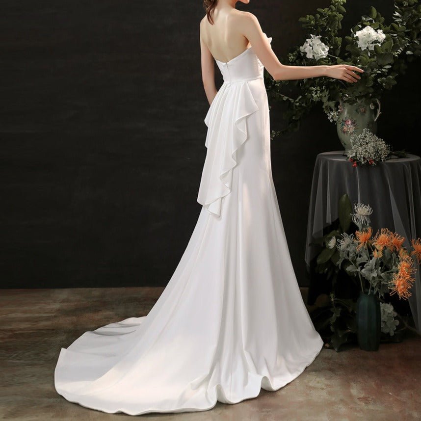 Satin hand - beaded white wedding dress with waist - LiveTrendsX