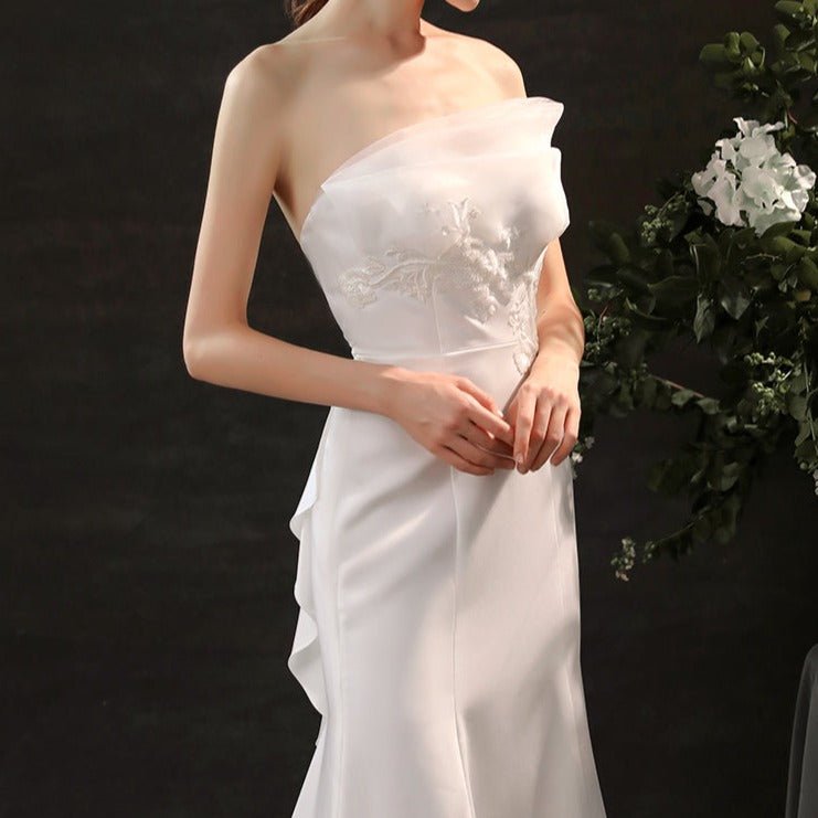 Satin hand - beaded white wedding dress with waist - LiveTrendsX