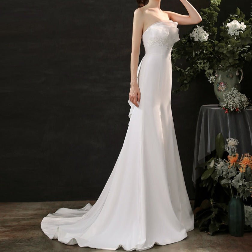 Satin hand - beaded white wedding dress with waist - LiveTrendsX