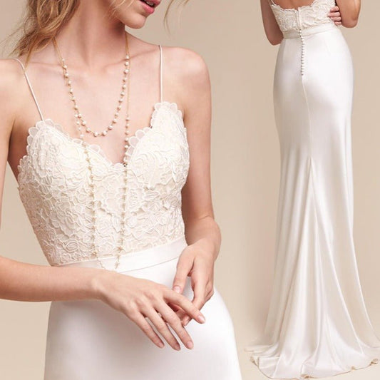 Satin Slip Lace Slim Fit Long Wedding Dress - LiveTrendsX
