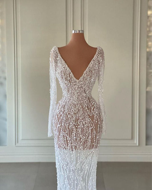 See Through Beaded Crystal White Tulle Women Formal Evening Party Gowns - LiveTrendsX