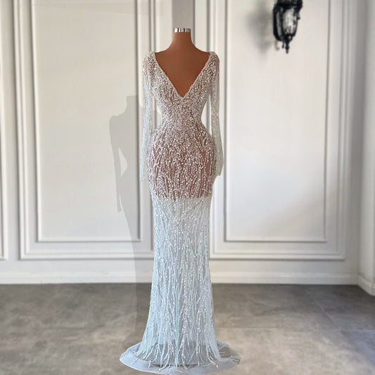 See Through Beaded Crystal White Tulle Women Formal Evening Party Gowns - LiveTrendsX