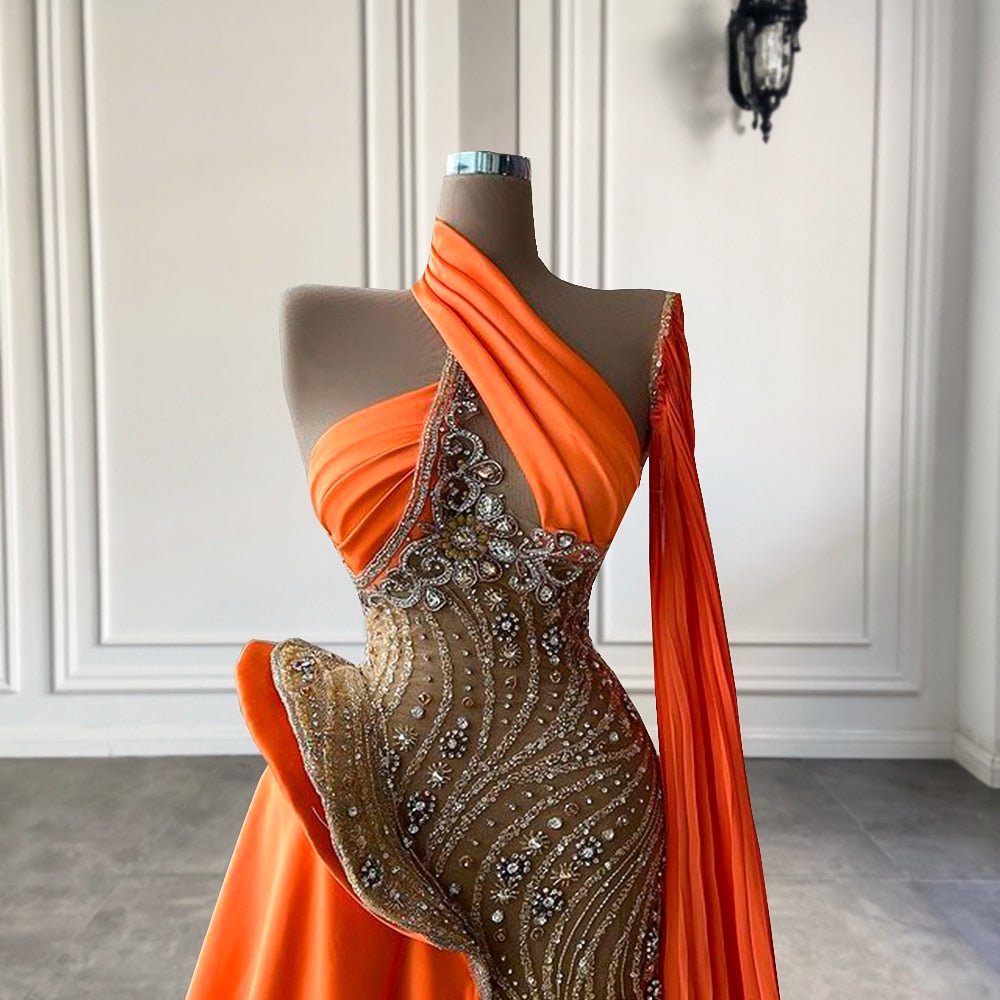 See Through Crystals Sparkly Orange Women Long Evening Dresses - LiveTrendsX