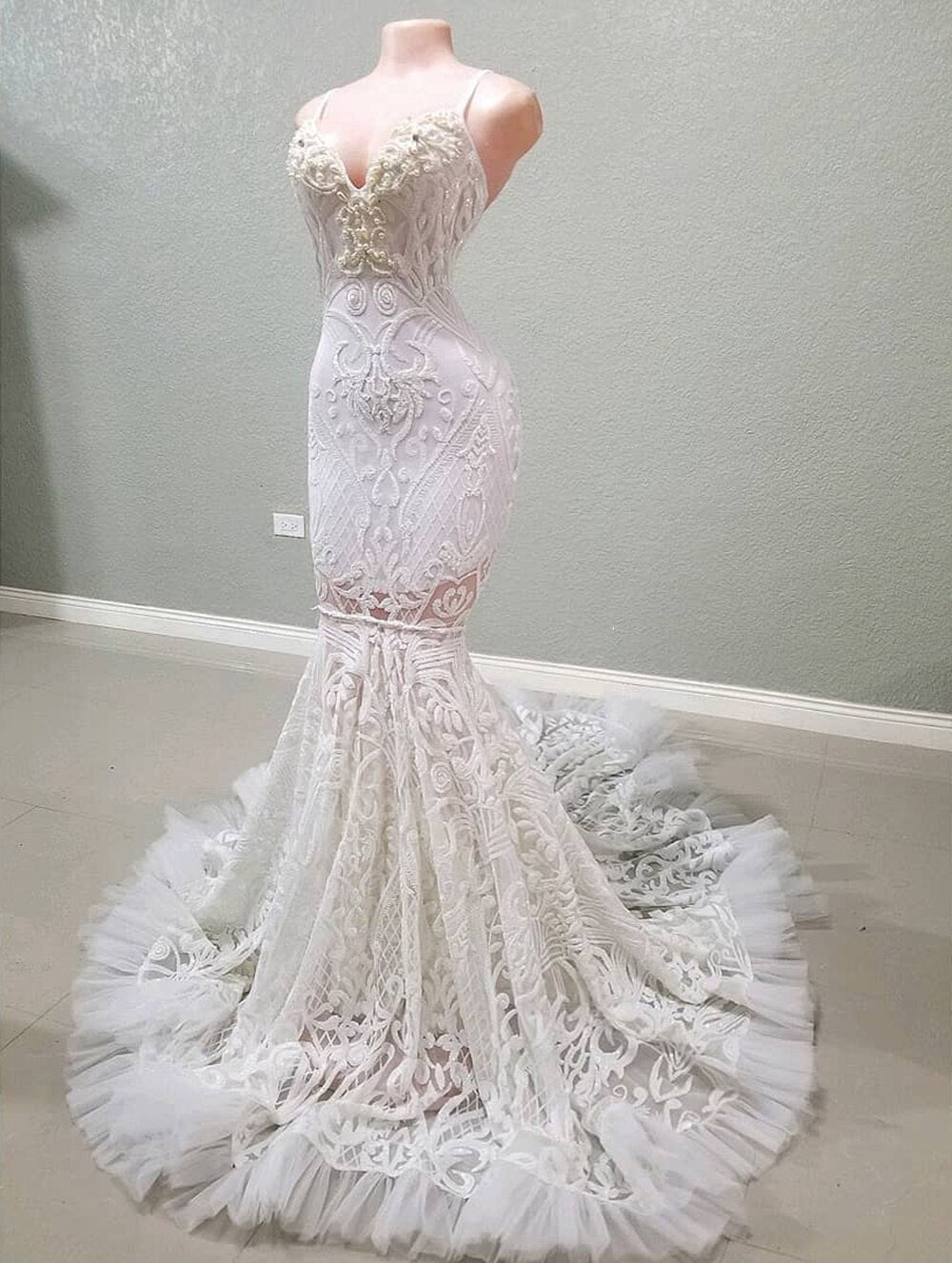 See Through Mermaid Sweetheart White Sequin Fitted Long Prom Dresses - LiveTrendsX