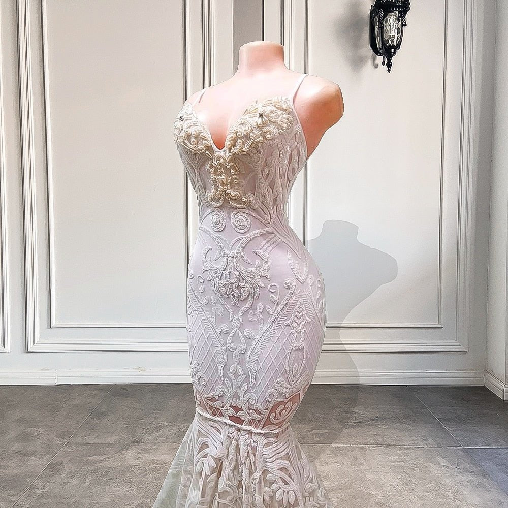 See Through Mermaid Sweetheart White Sequin Fitted Long Prom Dresses - LiveTrendsX