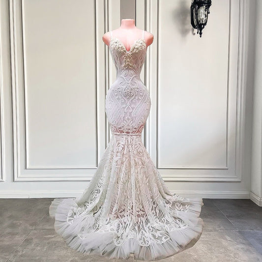 See Through Mermaid Sweetheart White Sequin Fitted Long Prom Dresses - LiveTrendsX