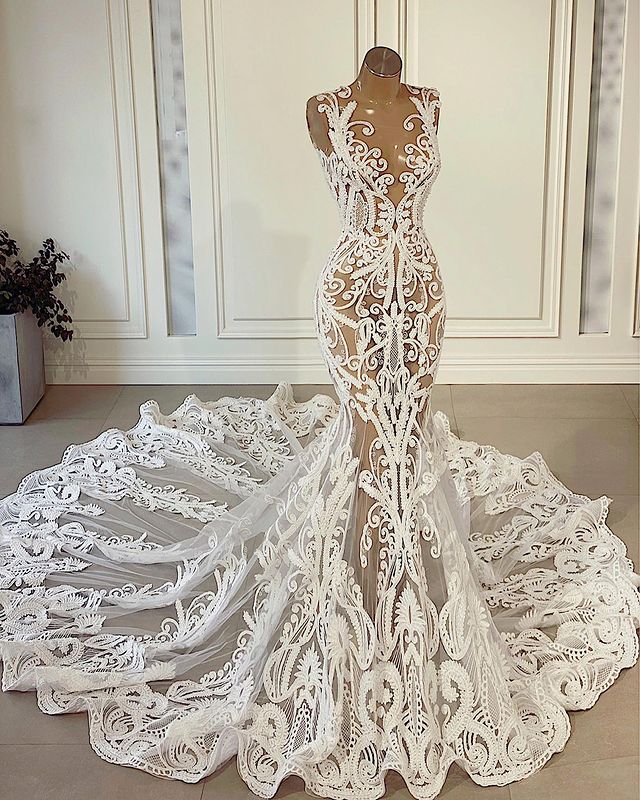 See Through Mermaid Wedding Dresses Illusion Lace Appliques Bridal Gow