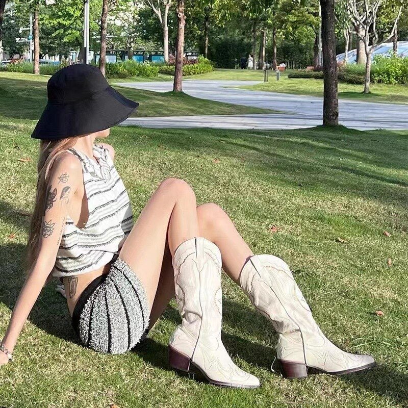 Sewing Floral Boots For Women Retro Riding Shoes - LiveTrendsX