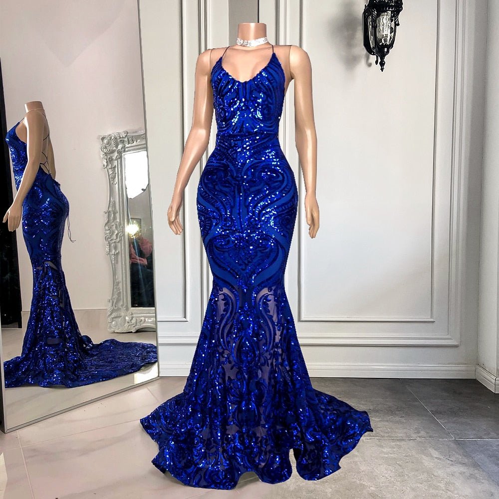 Sexy Mermaid See Through Sparkly Sequin Royal Girls Backless Prom Gowns - LiveTrendsX