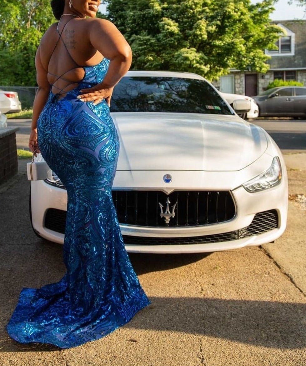 Sexy Mermaid See Through Sparkly Sequin Royal Girls Backless Prom Gowns - LiveTrendsX