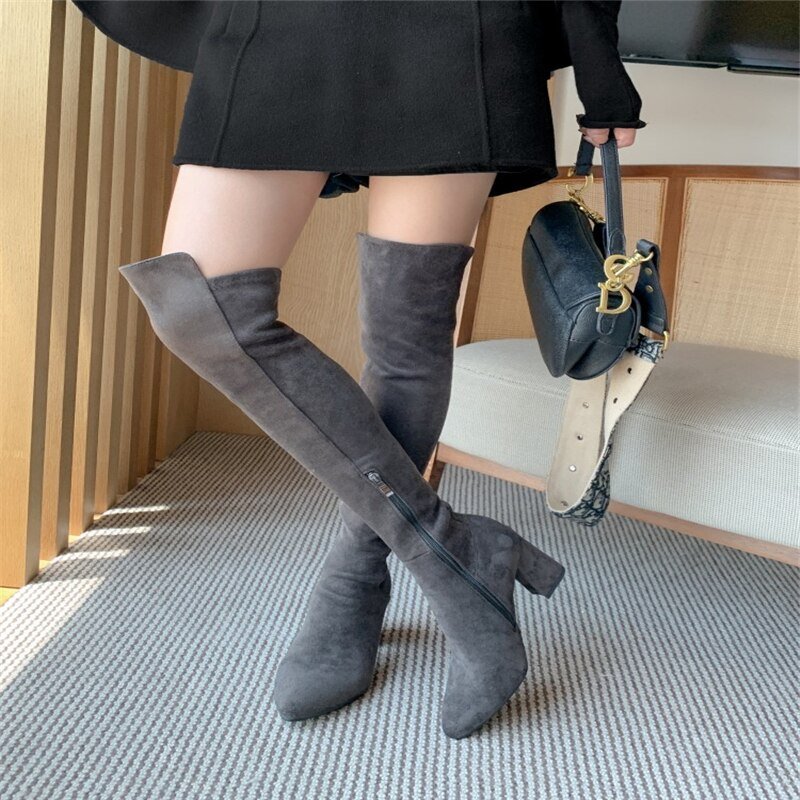 Sexy Slim Fit Elastic Flock Over The Knee Round Head Zipper Boots Women Shoes - LiveTrendsX