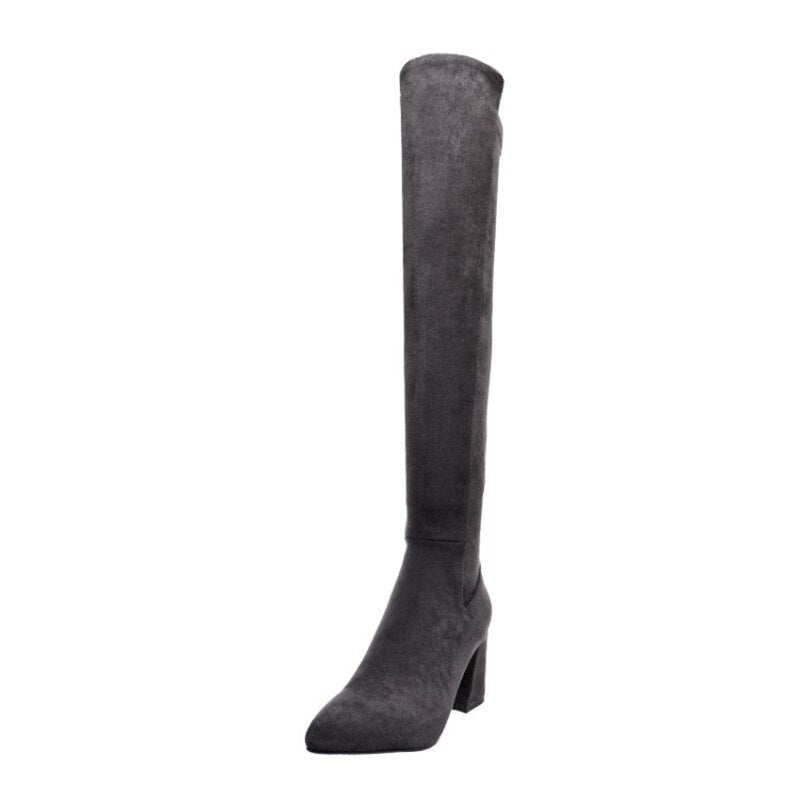 Sexy Slim Fit Elastic Flock Over The Knee Round Head Zipper Boots Women Shoes - LiveTrendsX