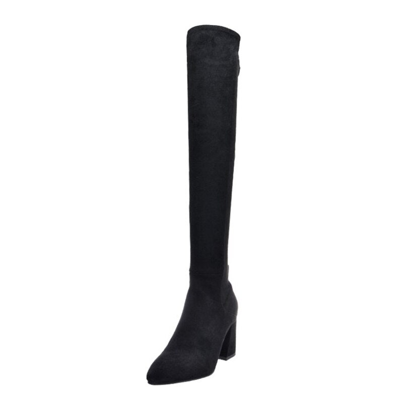 Sexy Slim Fit Elastic Flock Over The Knee Round Head Zipper Boots Women Shoes - LiveTrendsX