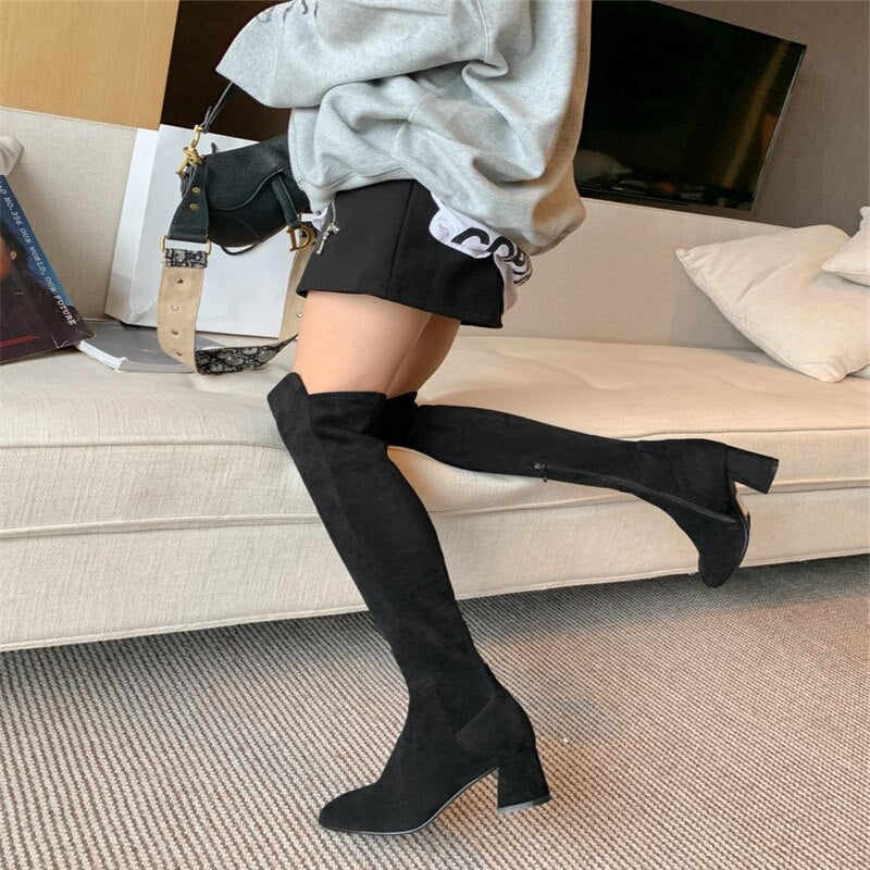 Sexy Slim Fit Elastic Flock Over The Knee Round Head Zipper Boots Women Shoes - LiveTrendsX