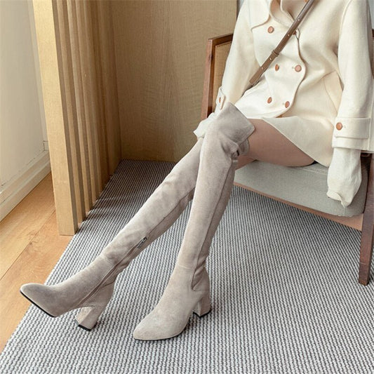 Sexy Slim Fit Elastic Flock Over The Knee Round Head Zipper Boots Women Shoes - LiveTrendsX