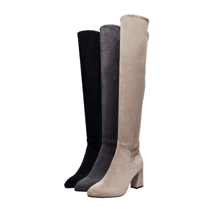 Sexy Slim Fit Elastic Flock Over The Knee Round Head Zipper Boots Women Shoes - LiveTrendsX