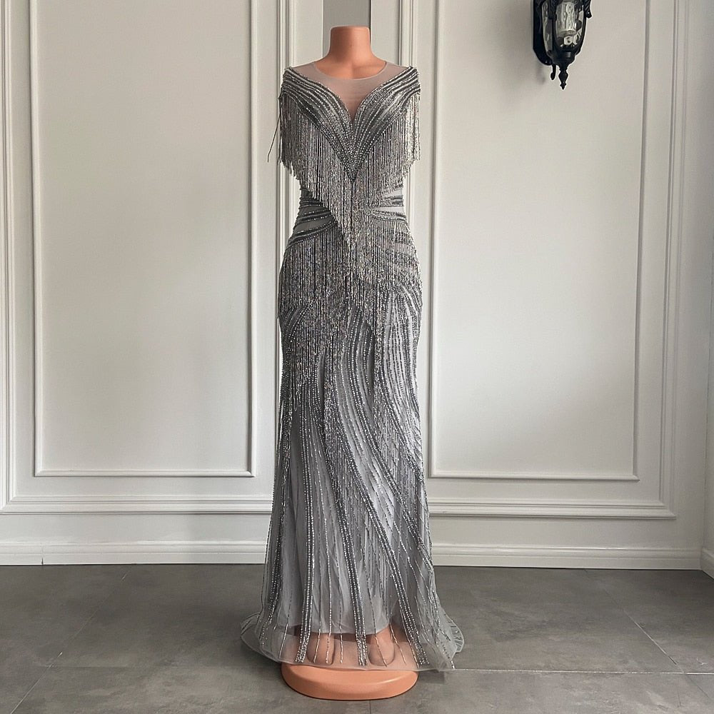 Sheer Scoop Beaded Crystals Silver Women Formal Evening Party Gowns - LiveTrendsX