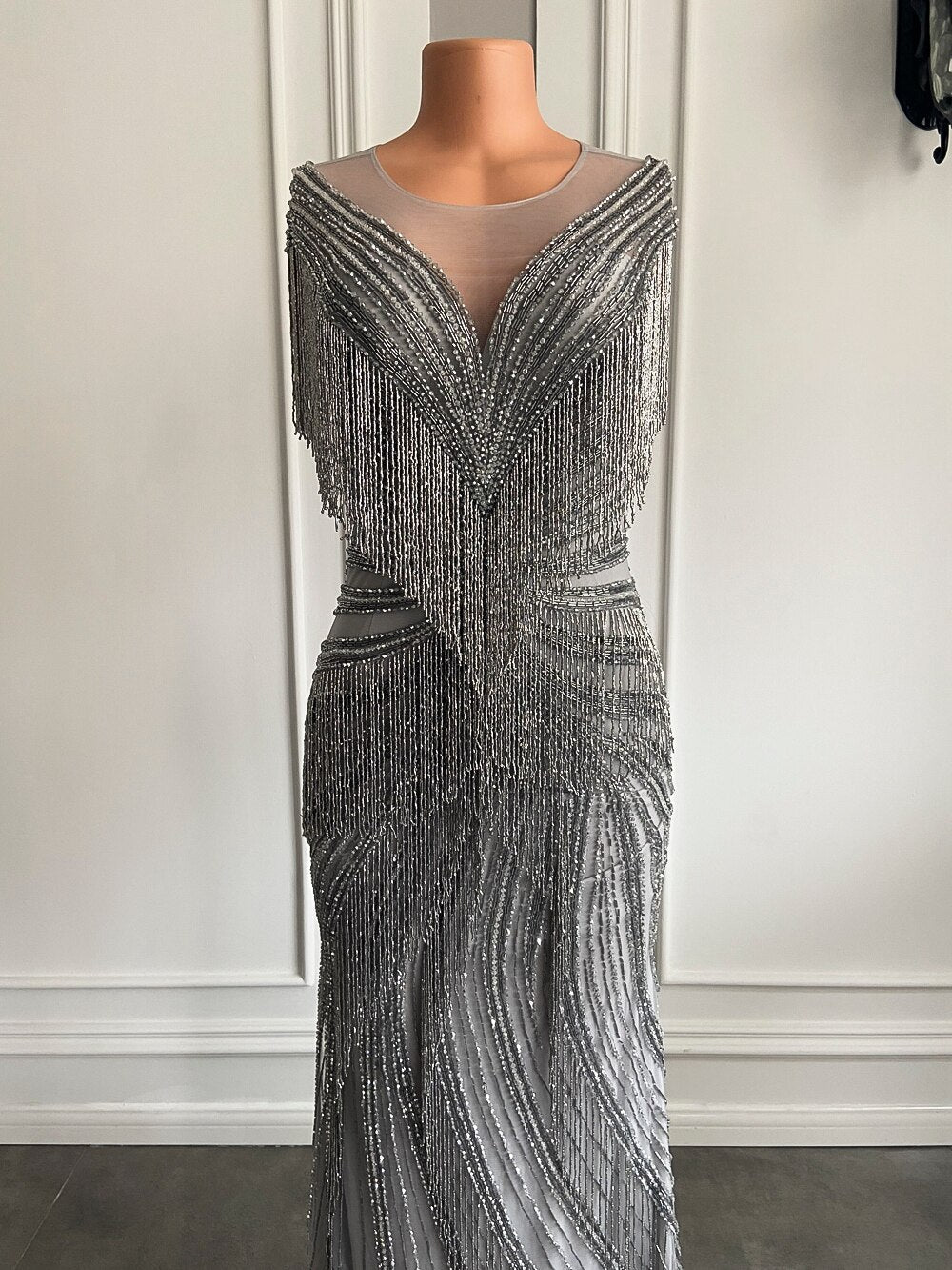 Sheer Scoop Beaded Crystals Silver Women Formal Evening Party Gowns - LiveTrendsX