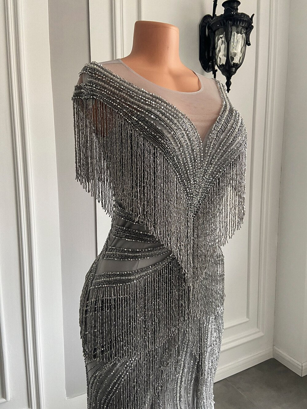 Sheer Scoop Beaded Crystals Silver Women Formal Evening Party Gowns - LiveTrendsX