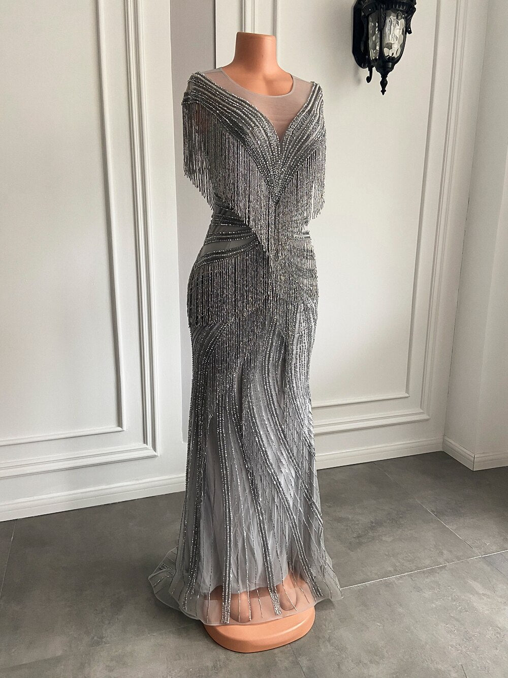 Sheer Scoop Beaded Crystals Silver Women Formal Evening Party Gowns - LiveTrendsX