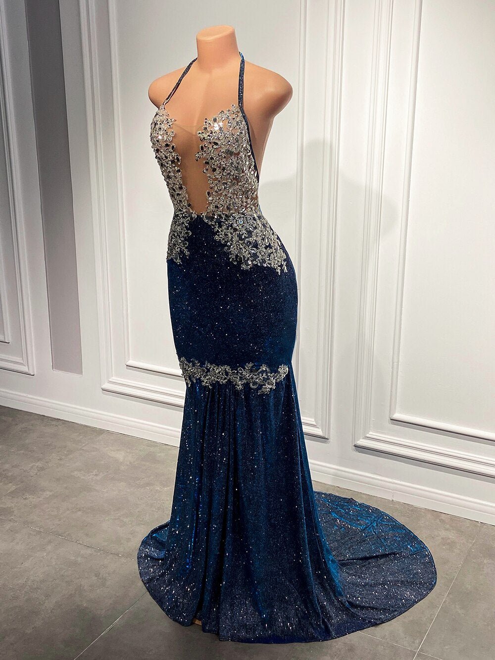 Sheer Top Beaded Lace Sparkly Navy Blue African Black Girls Gowns - LiveTrendsX