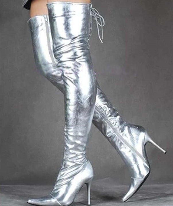 Silver Patent Leather Women Shoes Over Knee Long Boots - LiveTrendsX