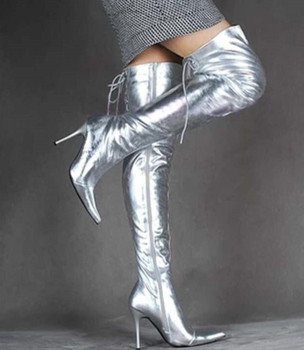 Silver Patent Leather Women Shoes Over Knee Long Boots - LiveTrendsX