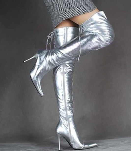 Silver Patent Leather Women Shoes Over Knee Long Boots - LiveTrendsX