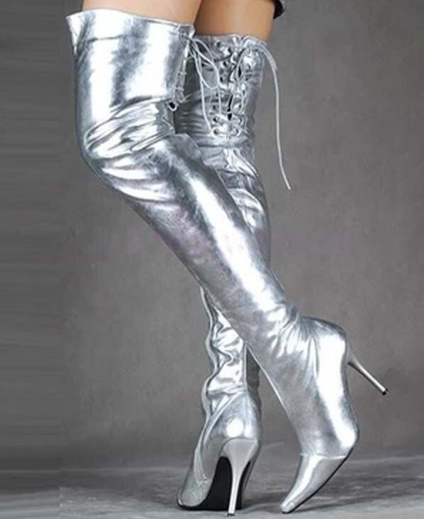Silver Patent Leather Women Shoes Over Knee Long Boots - LiveTrendsX