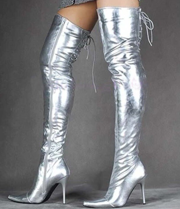 Silver Patent Leather Women Shoes Over Knee Long Boots - LiveTrendsX