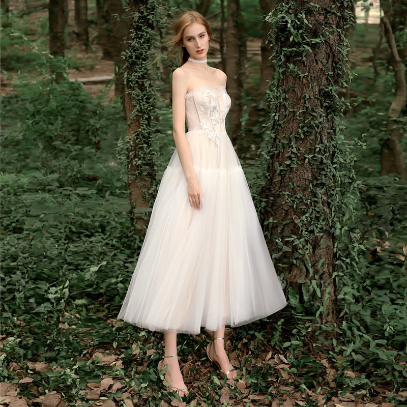 Simple tube top lace light wedding dress mid - length tutu skirt - LiveTrendsX