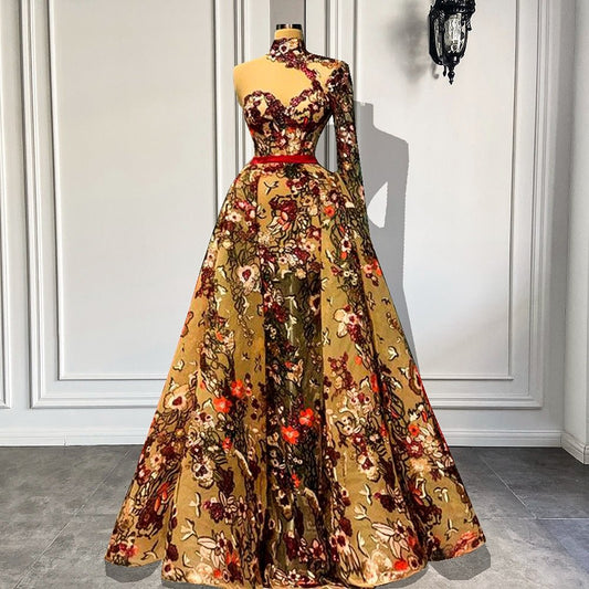 Single Long Sleeve Flowers Dubai Women Evening Party Gowns - LiveTrendsX