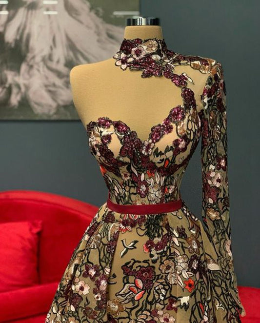 Single Long Sleeve Flowers Dubai Women Evening Party Gowns - LiveTrendsX