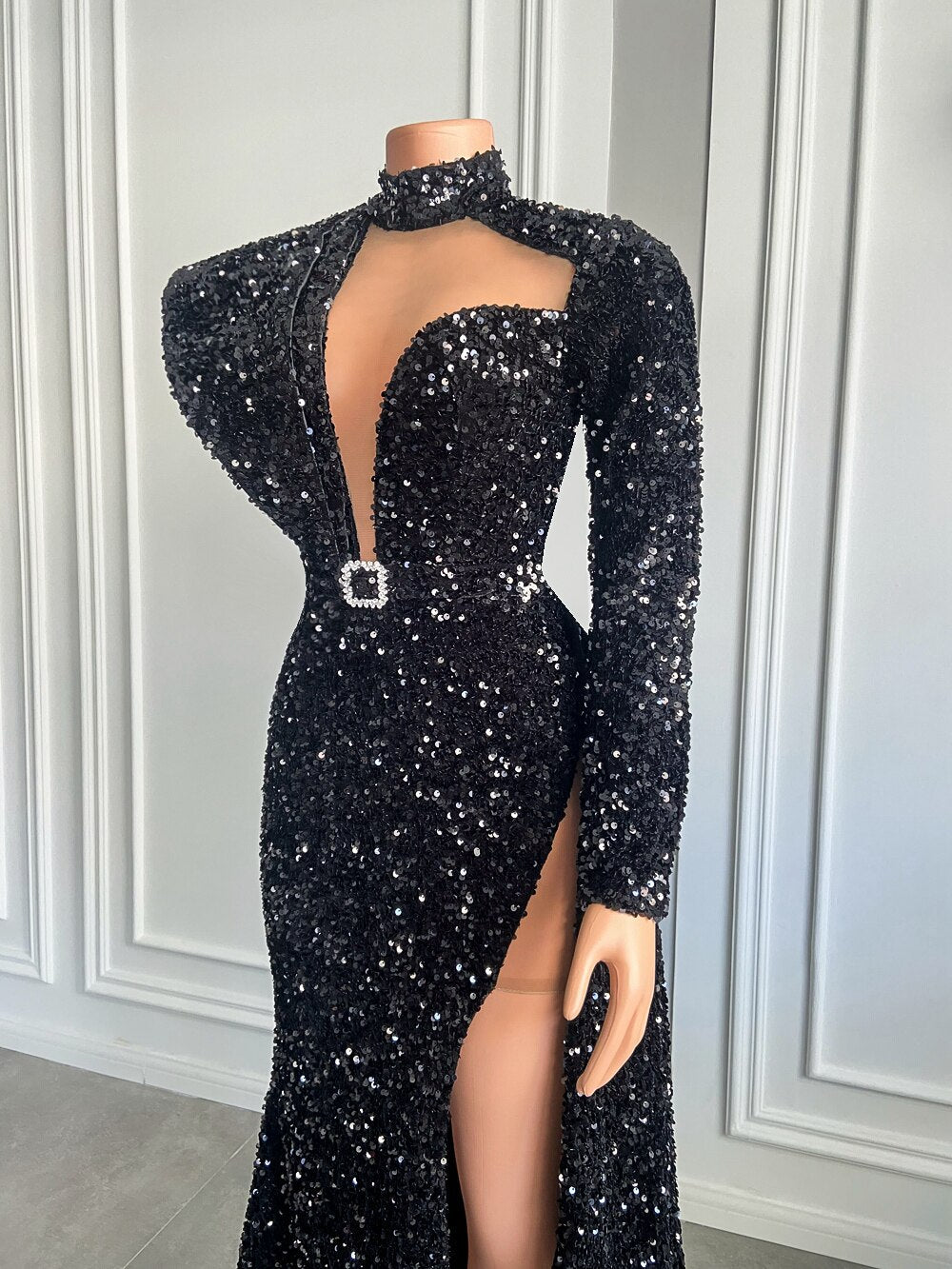 Single Long Sleeve Sheer Mesh Sparkly Black Sequined Girls Prom Dresses - LiveTrendsX