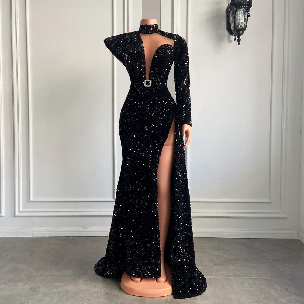 Single Long Sleeve Sheer Mesh Sparkly Black Sequined Girls Prom Dresses - LiveTrendsX