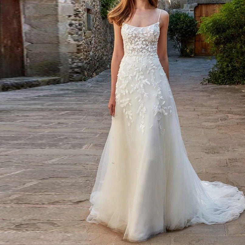 Sling lace slim wedding dress with backless tail - LiveTrendsX