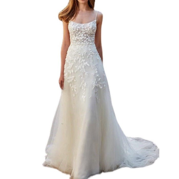 Sling lace slim wedding dress with backless tail - LiveTrendsX