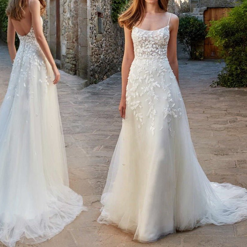 Sling lace slim wedding dress with backless tail - LiveTrendsX