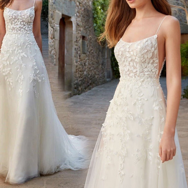 Sling lace slim wedding dress with backless tail - LiveTrendsX