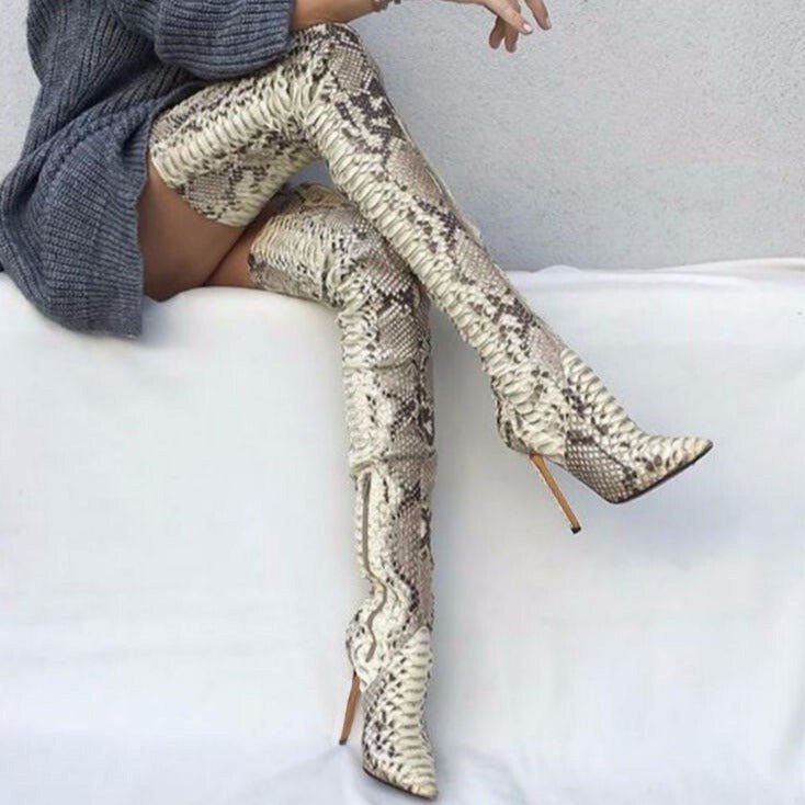 Snakeskin Pointed Toe Over The Knee Long Boots Sexy Ladies Shoes - LiveTrendsX