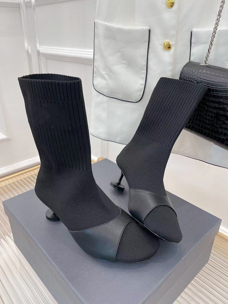 Solid Color Knit Women Boots High Heel Genuine Leather High Heel - LiveTrendsX